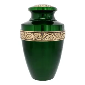 Human Adult Cremation Urn | Emerald Green Urn with Ornate Silver Trim