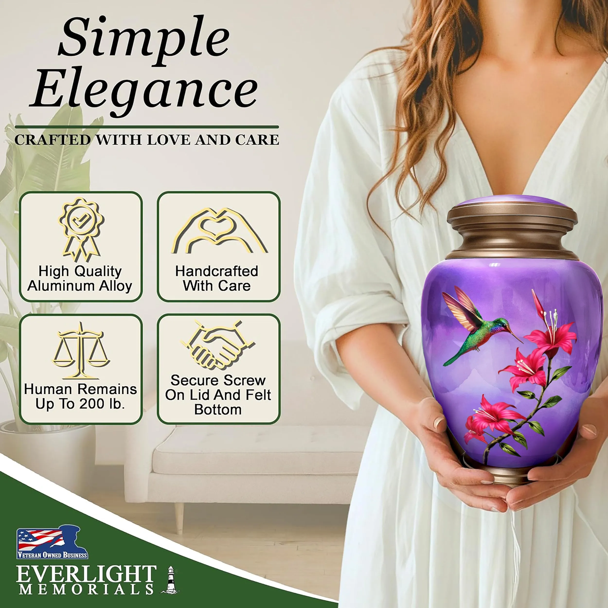 Hummingbird Purple Adult Cremation Urn for Human Ashes, Large w/ Velvet Bag