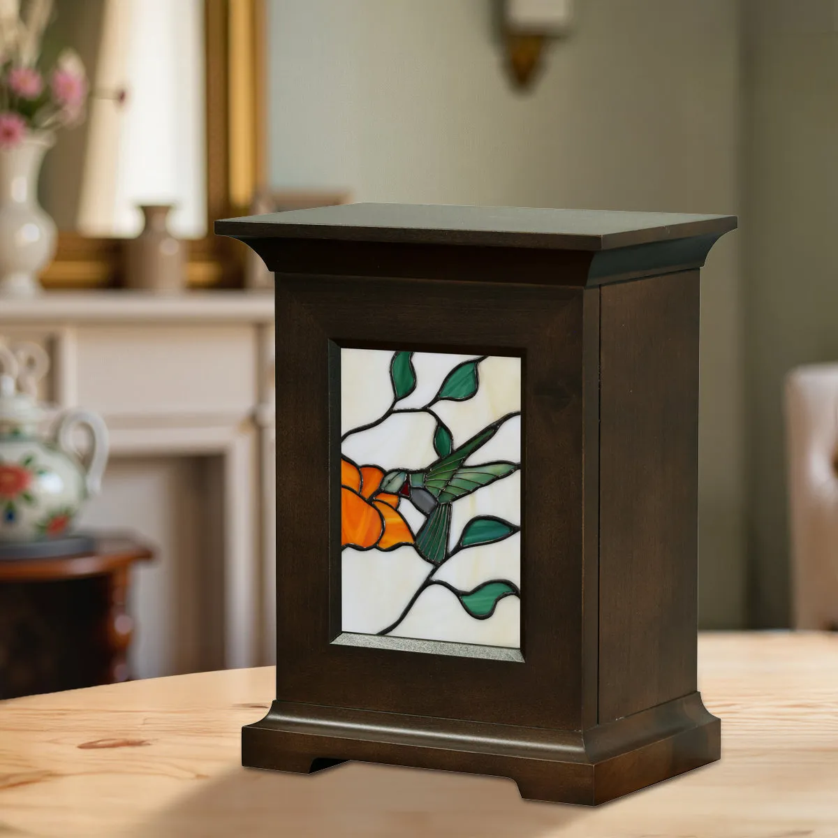 Hummingbird Stained Glass Wood Urn