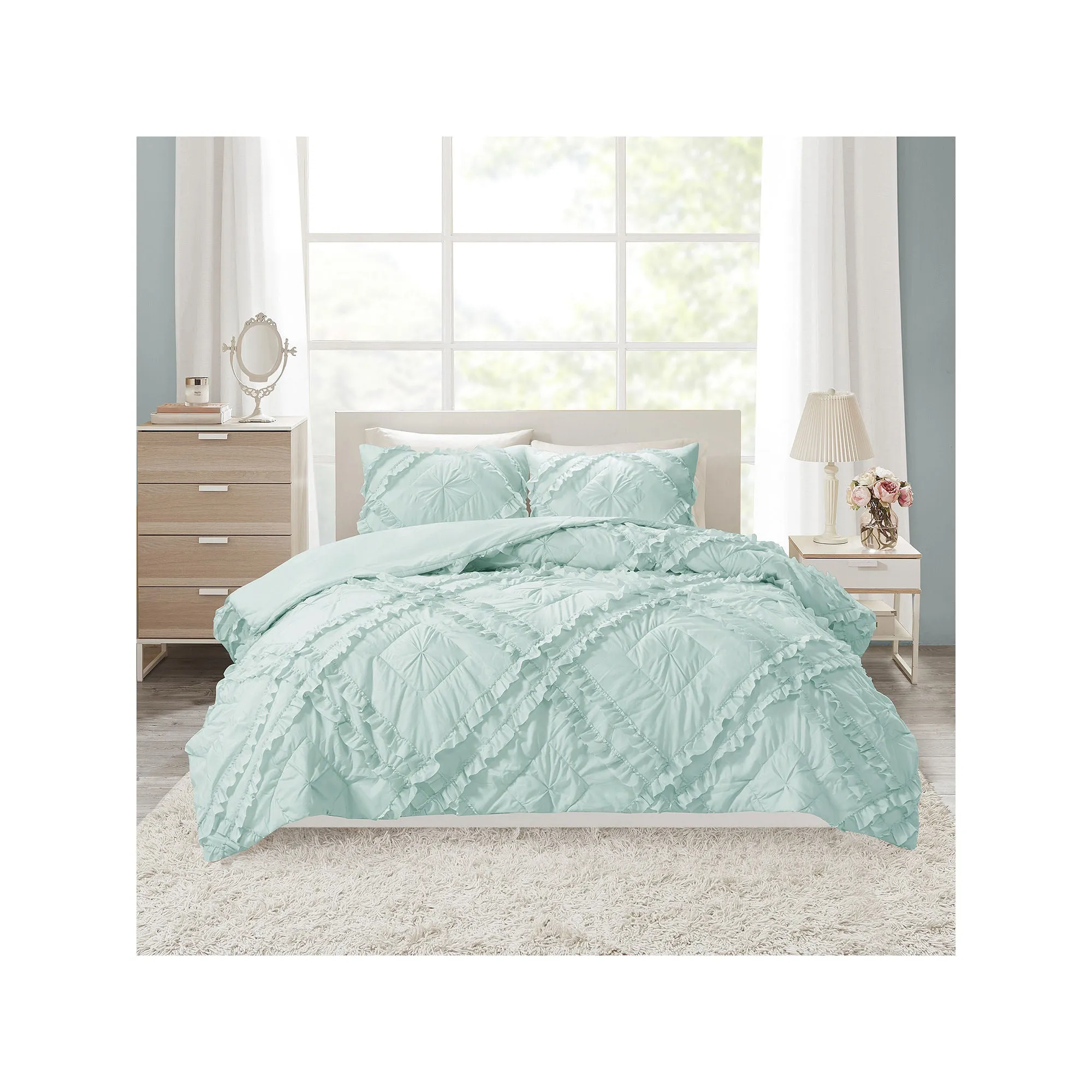 Intelligent Design Karlie Solid Quilt Set With Tufted Diamond Ruffles - Aqua