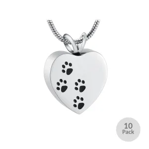 J-004 - Four Paw Print Heart- Silver-tone - Pendant with Chain  - Pack of 10