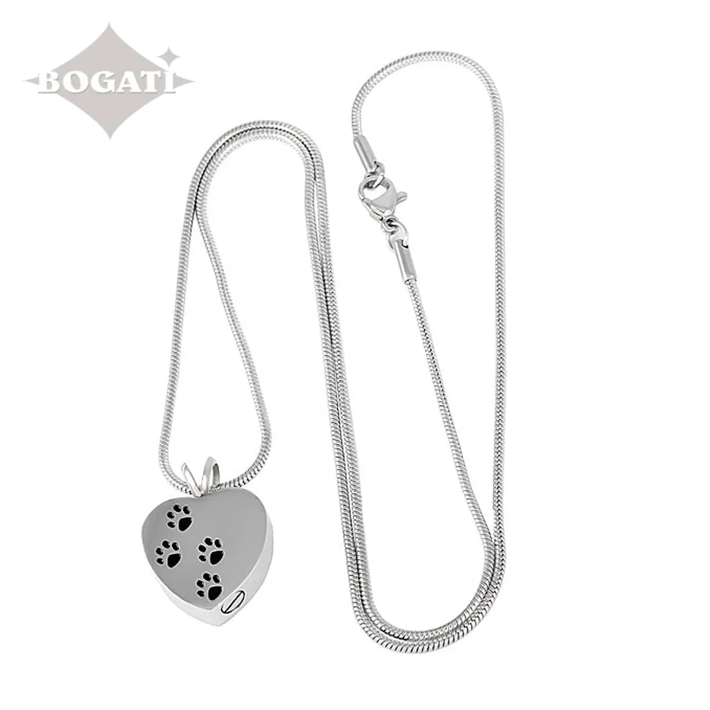 J-004 - Four Paw Print Heart- Silver-tone - Pendant with Chain  - Pack of 10