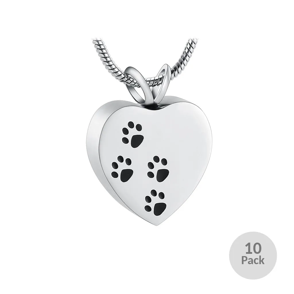 J-004 - Four Paw Print Heart- Silver-tone - Pendant with Chain  - Pack of 10