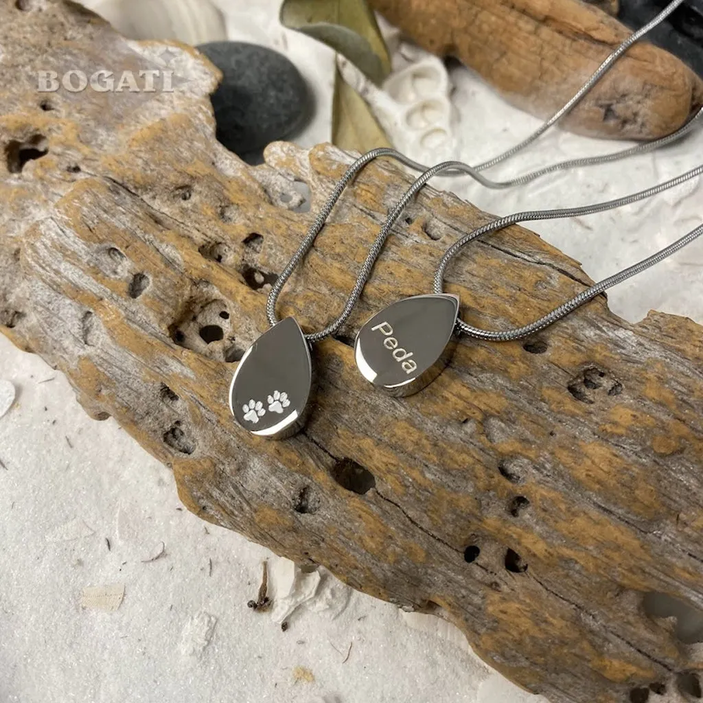 J-1502 - Teardrop with Paw Prints - Silver-tone - Pendant with Chain