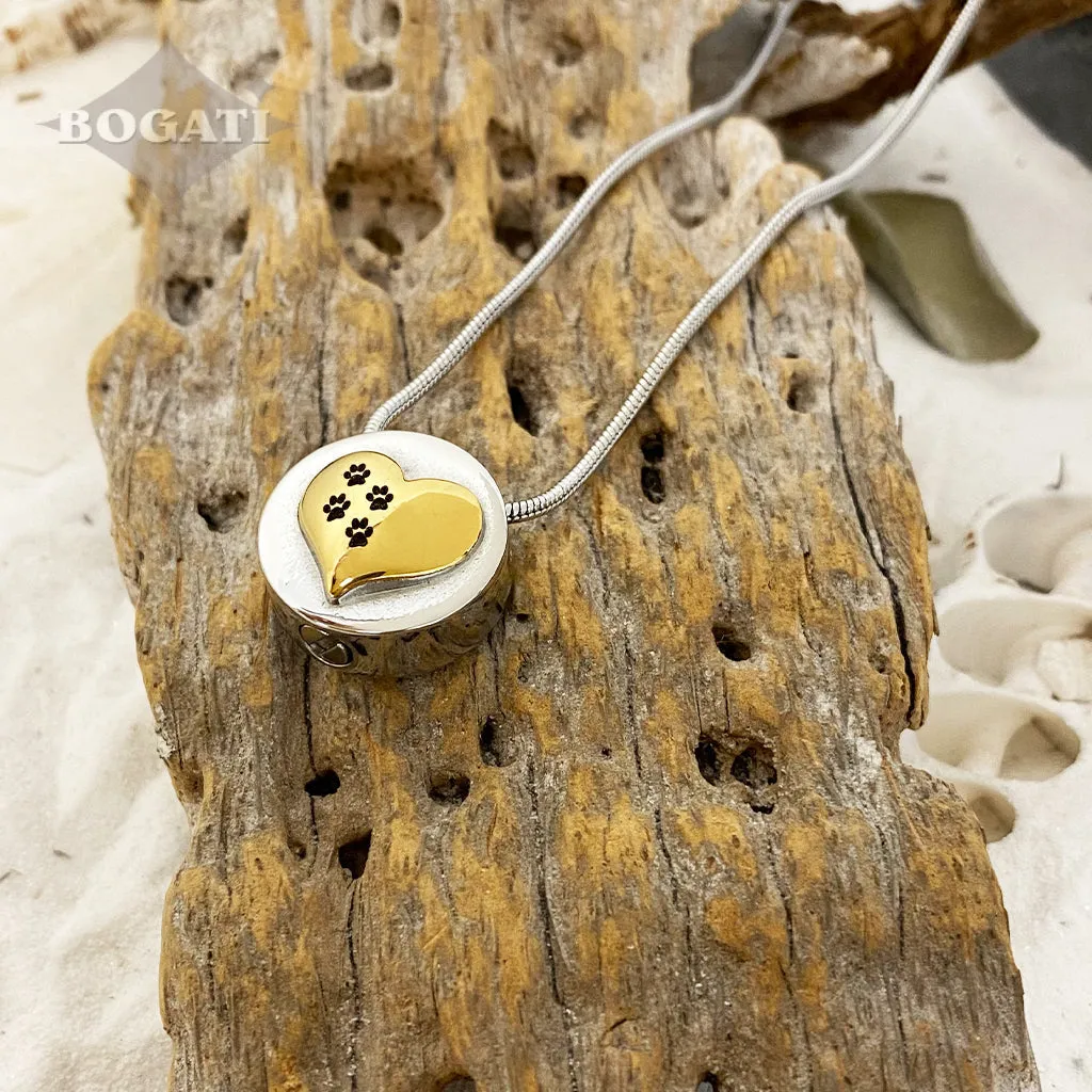 J-375 Silver Circle with Gold Heart and Paw Prints - Pendant with Chain