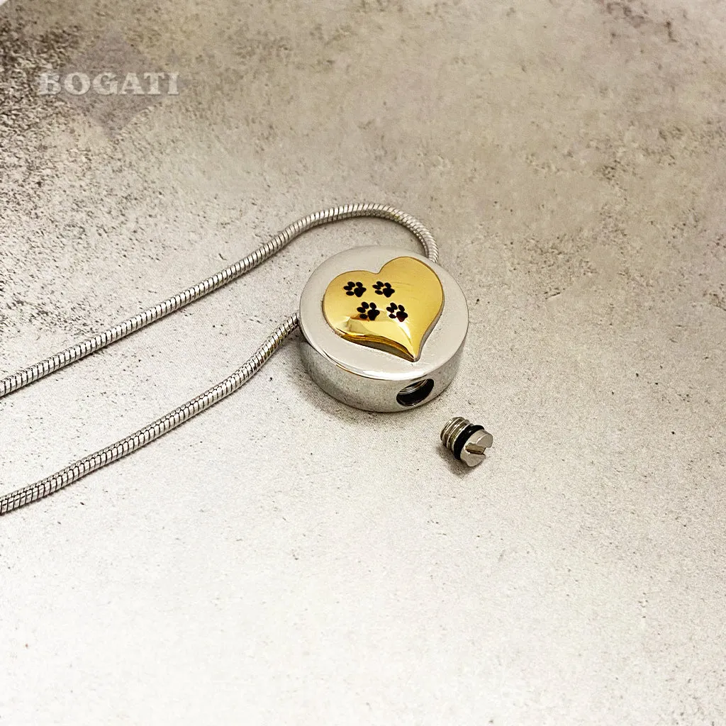 J-375 Silver Circle with Gold Heart and Paw Prints - Pendant with Chain