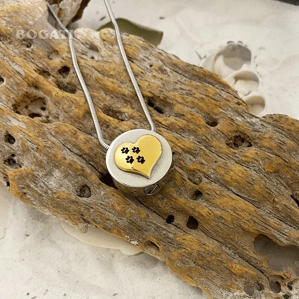 J-375 Silver Circle with Gold Heart and Paw Prints - Pendant with Chain