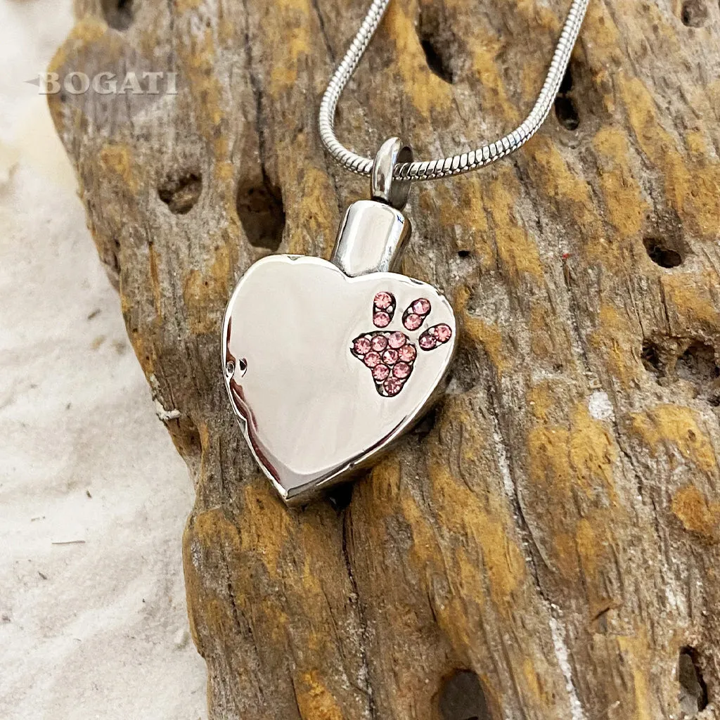 J-425 Sparkling Paw Print Heart - Pendant with Chain