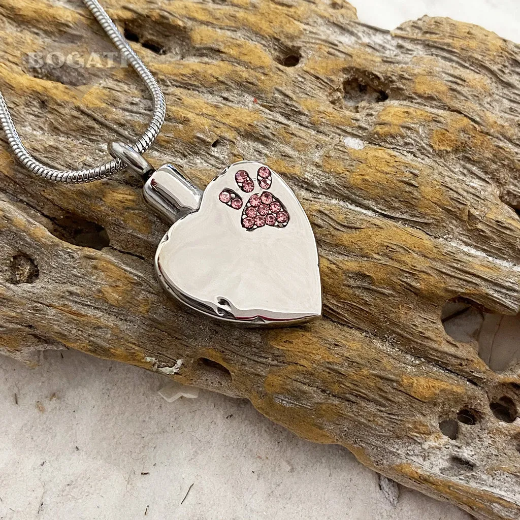 J-425 Sparkling Paw Print Heart - Pendant with Chain