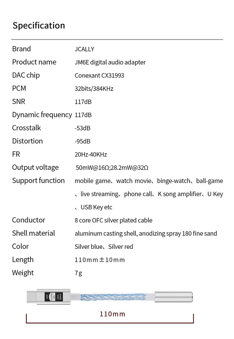 JCALLY JM6E CX31993 Portable DAC & AMP Type-C to 3.5mm Adapter
