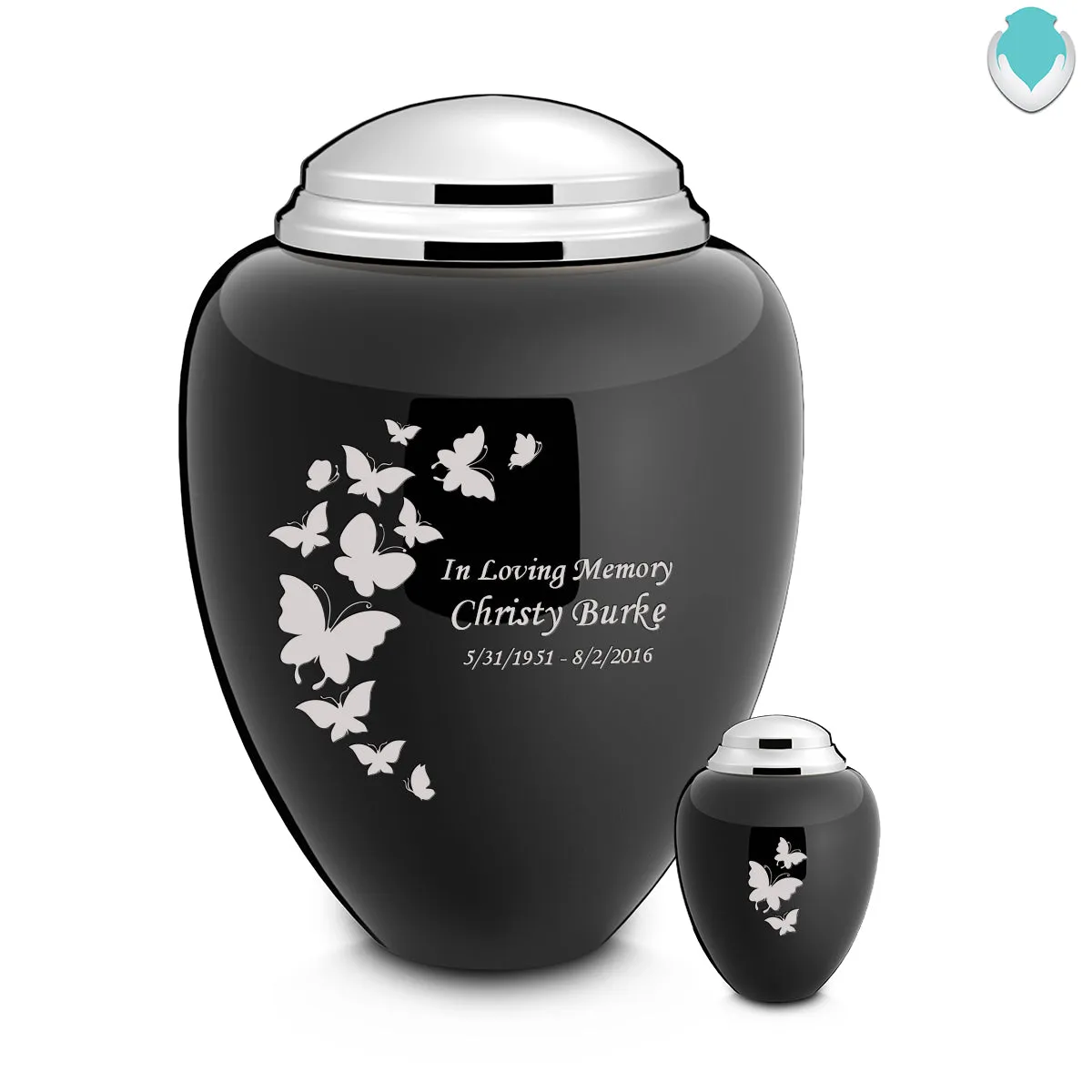 Keepsake Tribute Black and Shiny Pewter Butterflies Cremation Urn