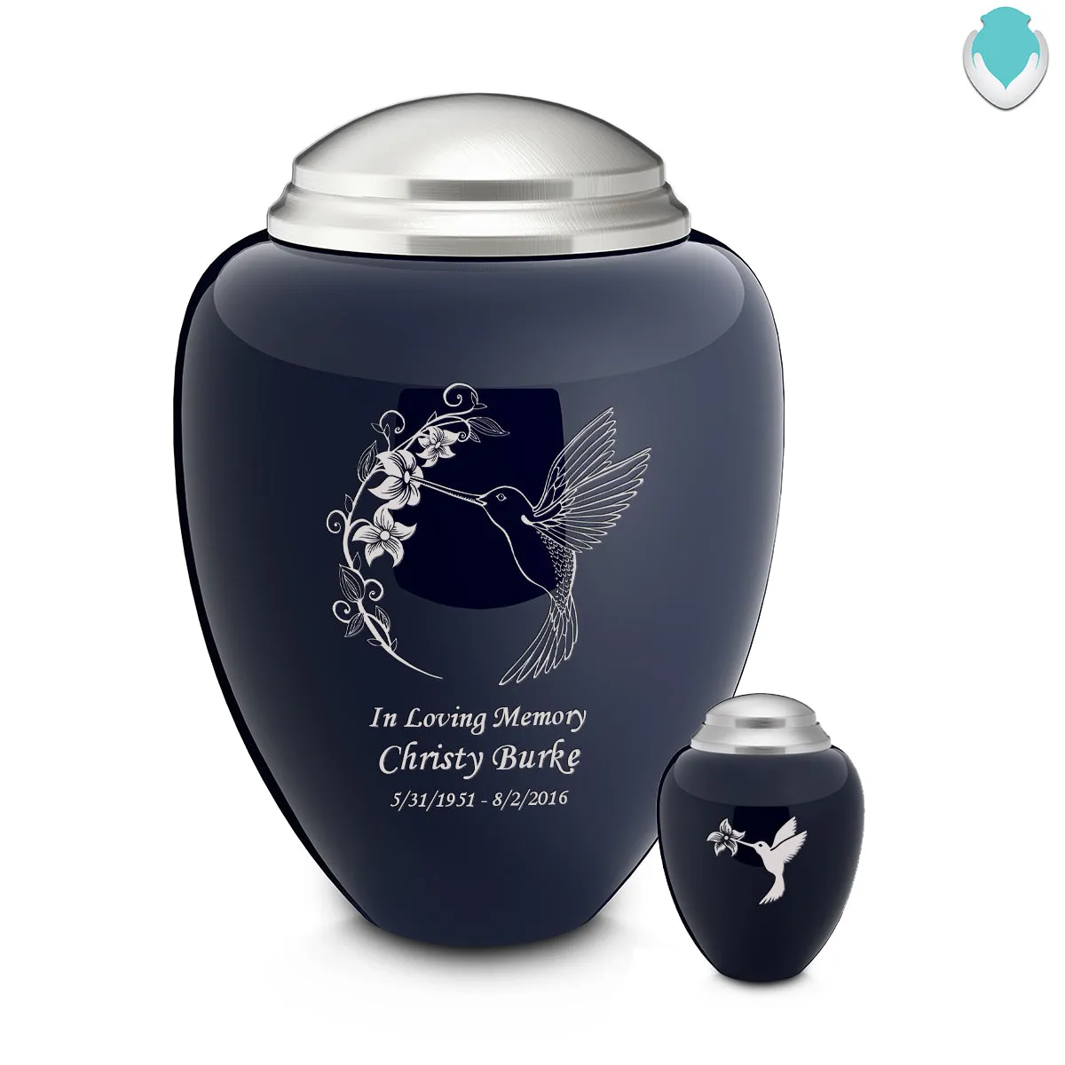 Keepsake Tribute Navy and Brushed Pewter Hummingbird Cremation Urn
