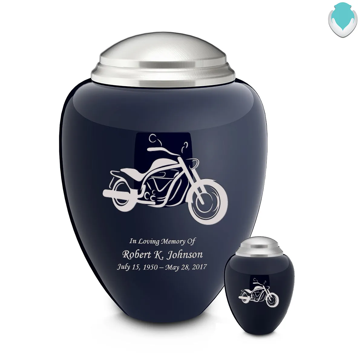 Keepsake Tribute Navy and Brushed Pewter Motorcycle Cremation Urn