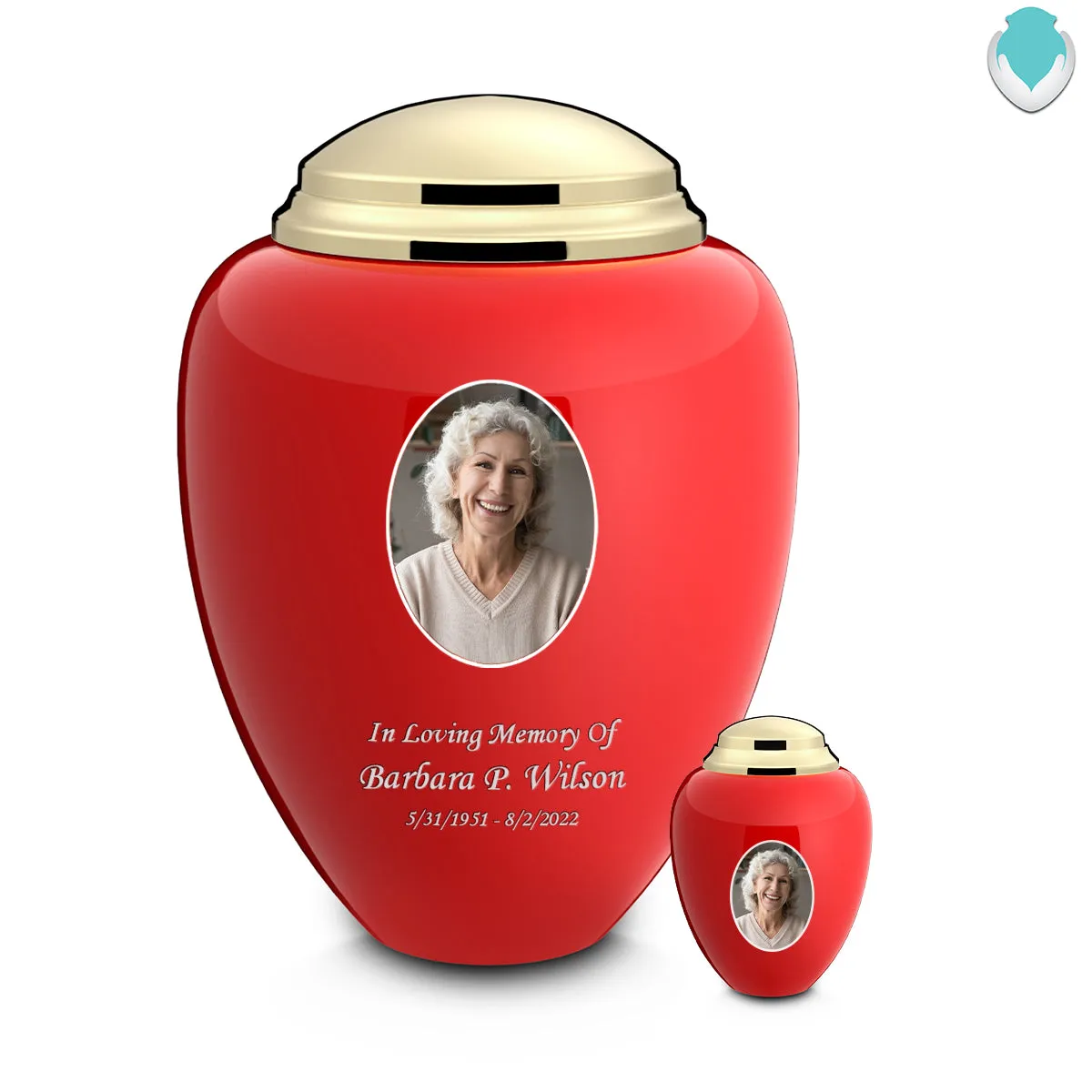 Keepsake Tribute Red & Shiny Brass Portrait Cremation Urn