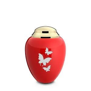 Keepsake Tribute Red and Shiny Brass Butterflies Cremation Urn