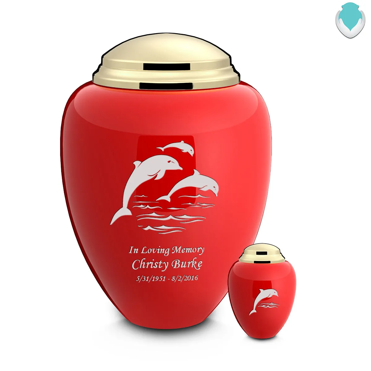 Keepsake Tribute Red and Shiny Brass Dolphin Cremation Urn