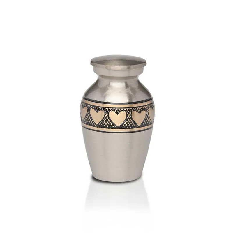 Loving Hearts Brass Cremation Urn with Brushed Pewter Finish