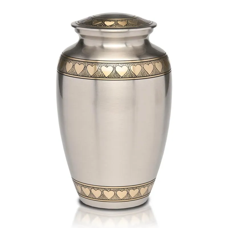 Loving Hearts Brass Cremation Urn with Brushed Pewter Finish