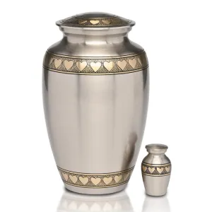 Loving Hearts Brass Cremation Urn with Brushed Pewter Finish