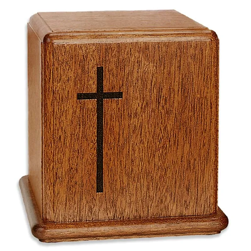 Mahogany Wood Cremation Urn with Cross Made in the USA