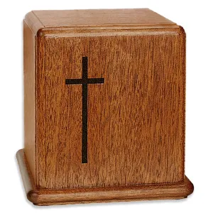 Mahogany Wood Cremation Urn with Cross Made in the USA