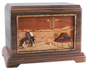 Motorcycle Riding Home Wood Cremation Urn with Inlay Art