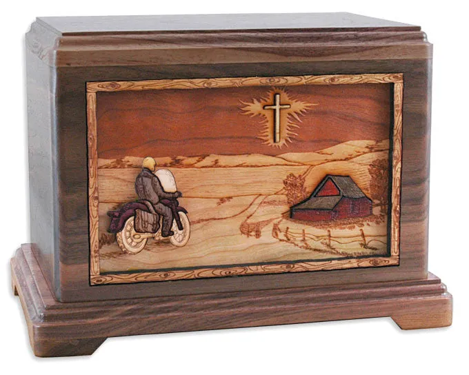 Motorcycle Riding Home Wood Cremation Urn with Inlay Art