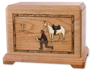 Praying Cowboy & Cross Cremation Urn with Wood Inlay Art