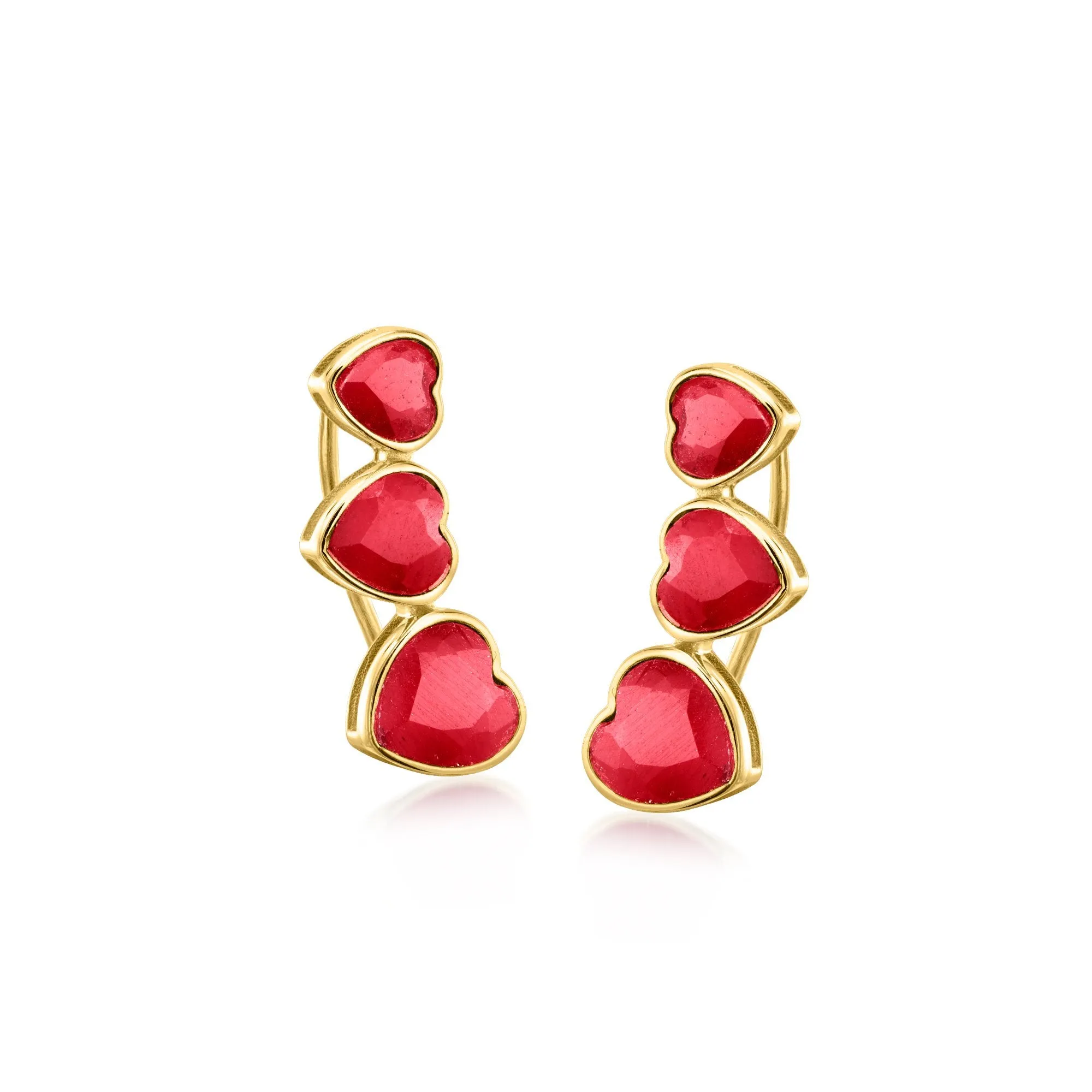 Ross-Simons Ruby Heart Ear Climbers in 18kt Gold Over Sterling