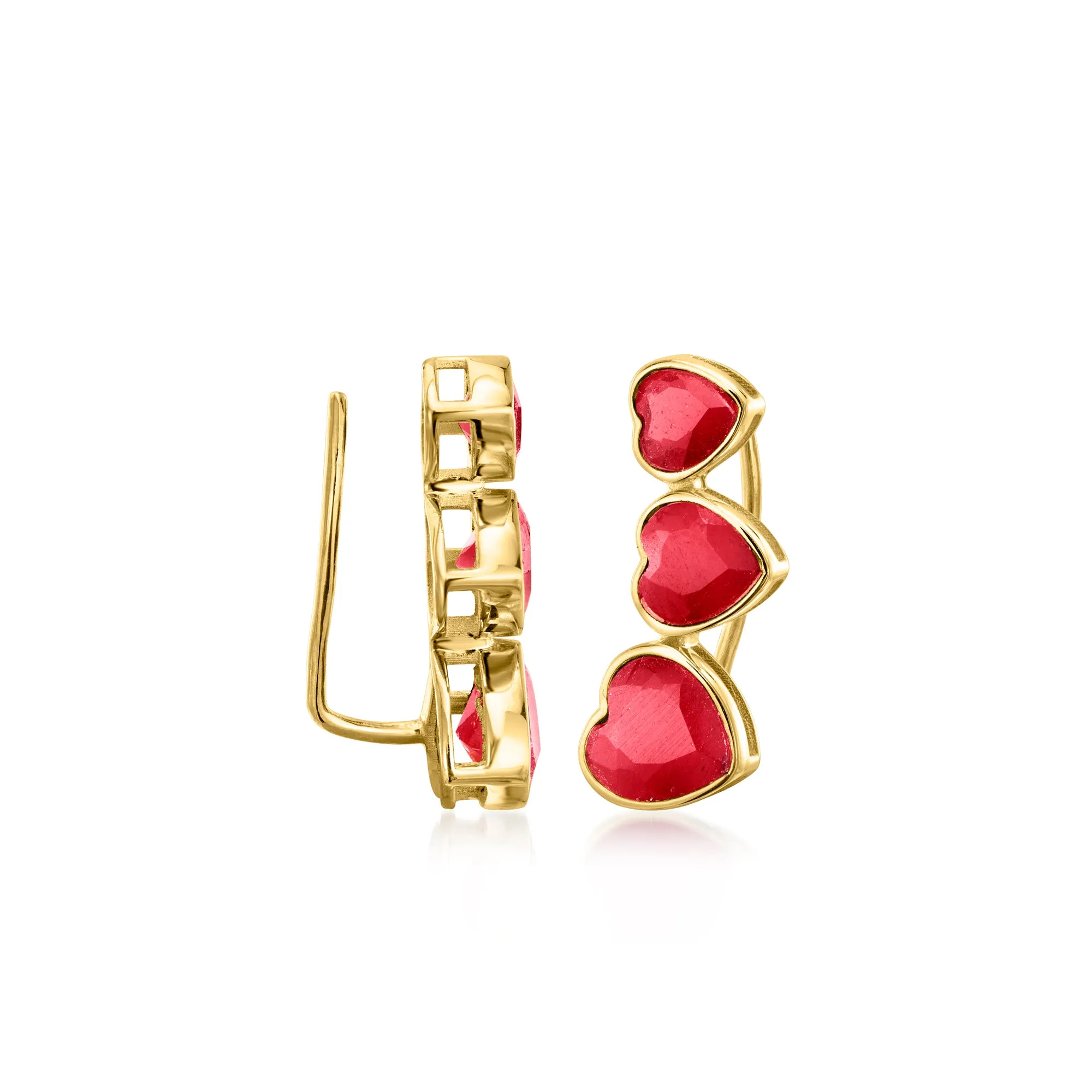 Ross-Simons Ruby Heart Ear Climbers in 18kt Gold Over Sterling