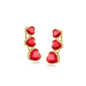 Ross-Simons Ruby Heart Ear Climbers in 18kt Gold Over Sterling
