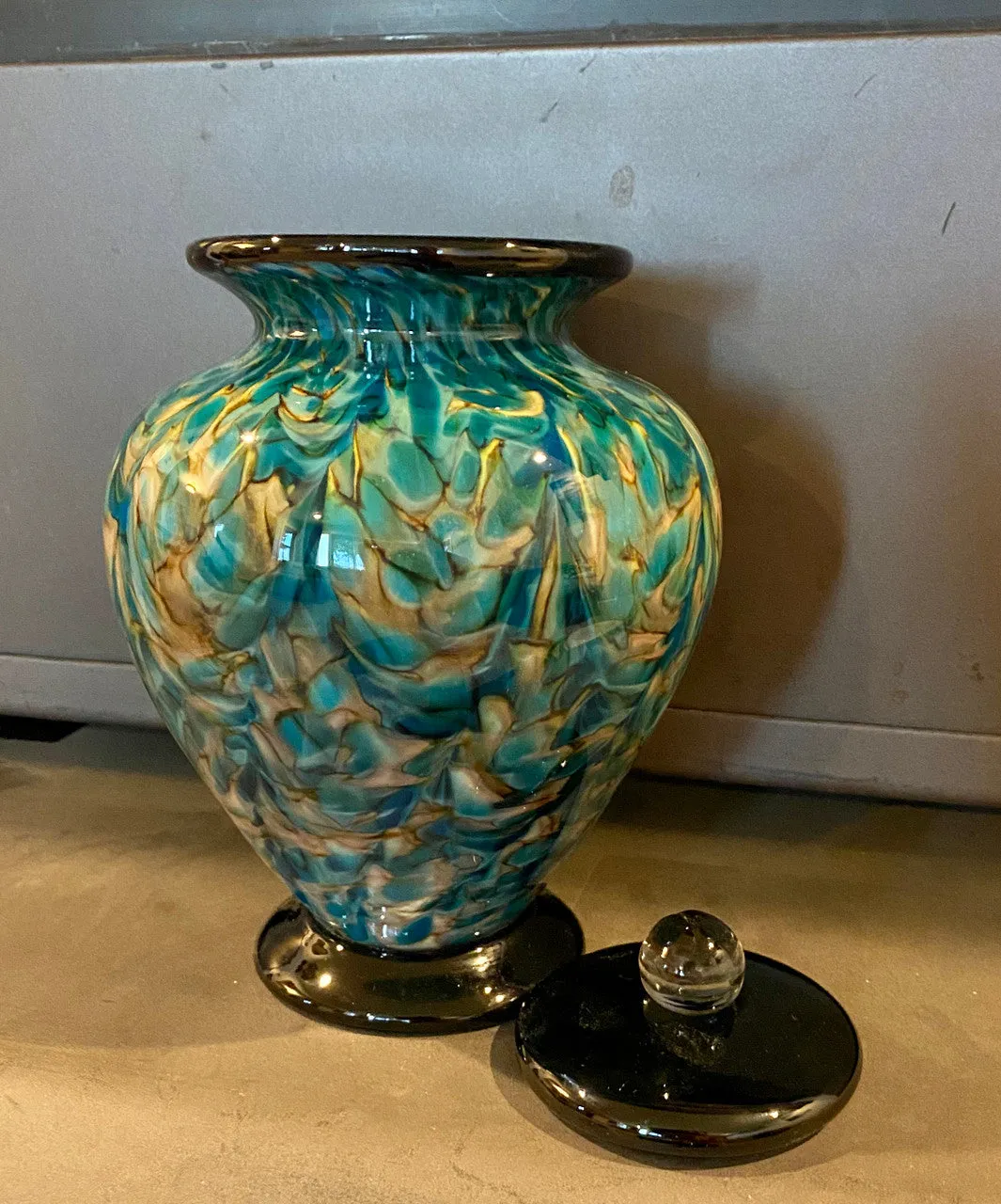 Small Hand Blown Glass Cremation Urn in Amato Aegean