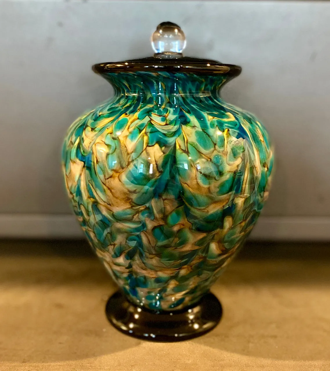 Small Hand Blown Glass Cremation Urn in Amato Aegean