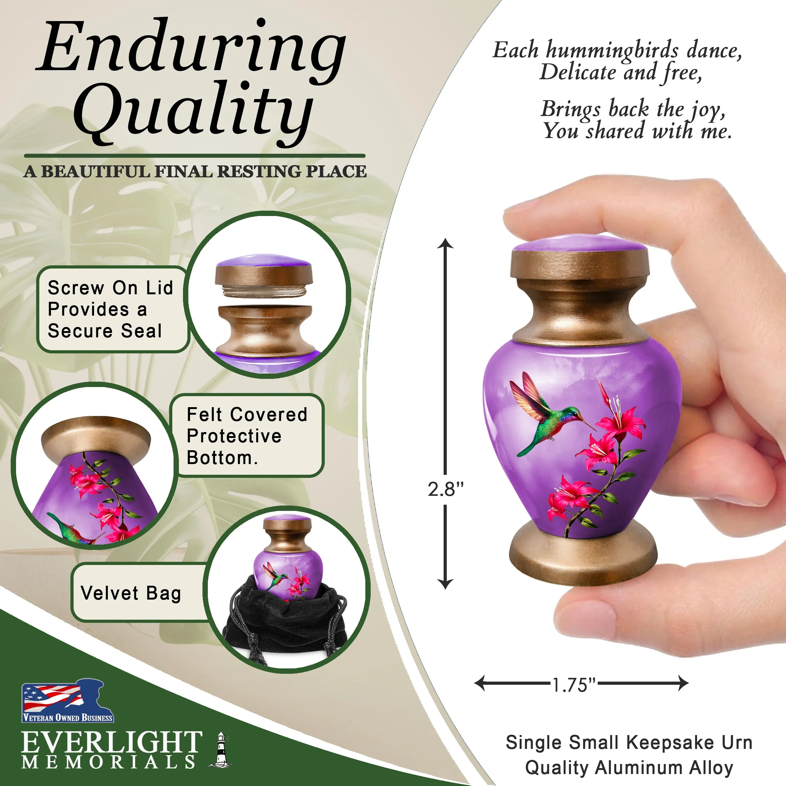 Small Keepsake Urn for Human Ashes - Purple Hummingbird