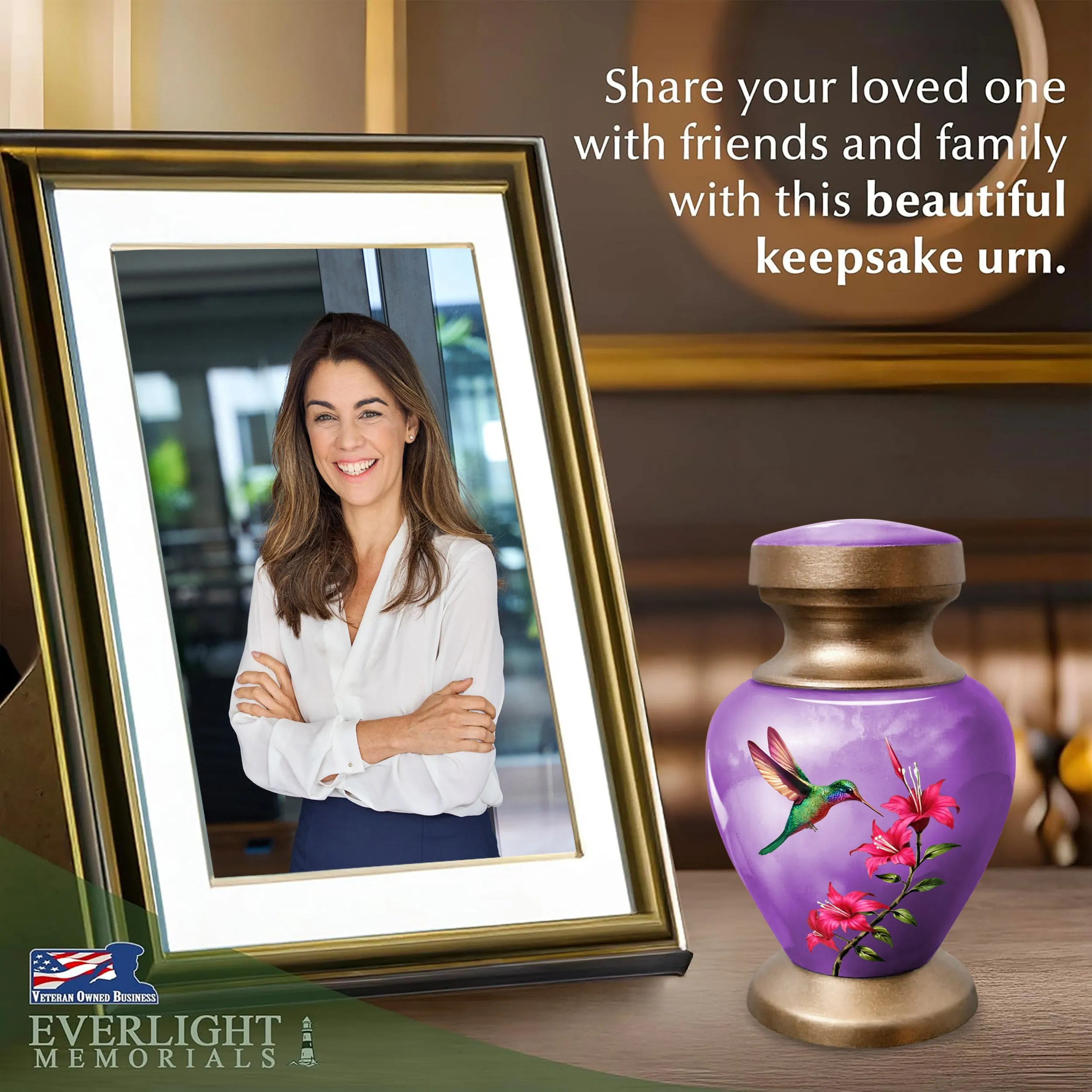 Small Keepsake Urn for Human Ashes - Purple Hummingbird