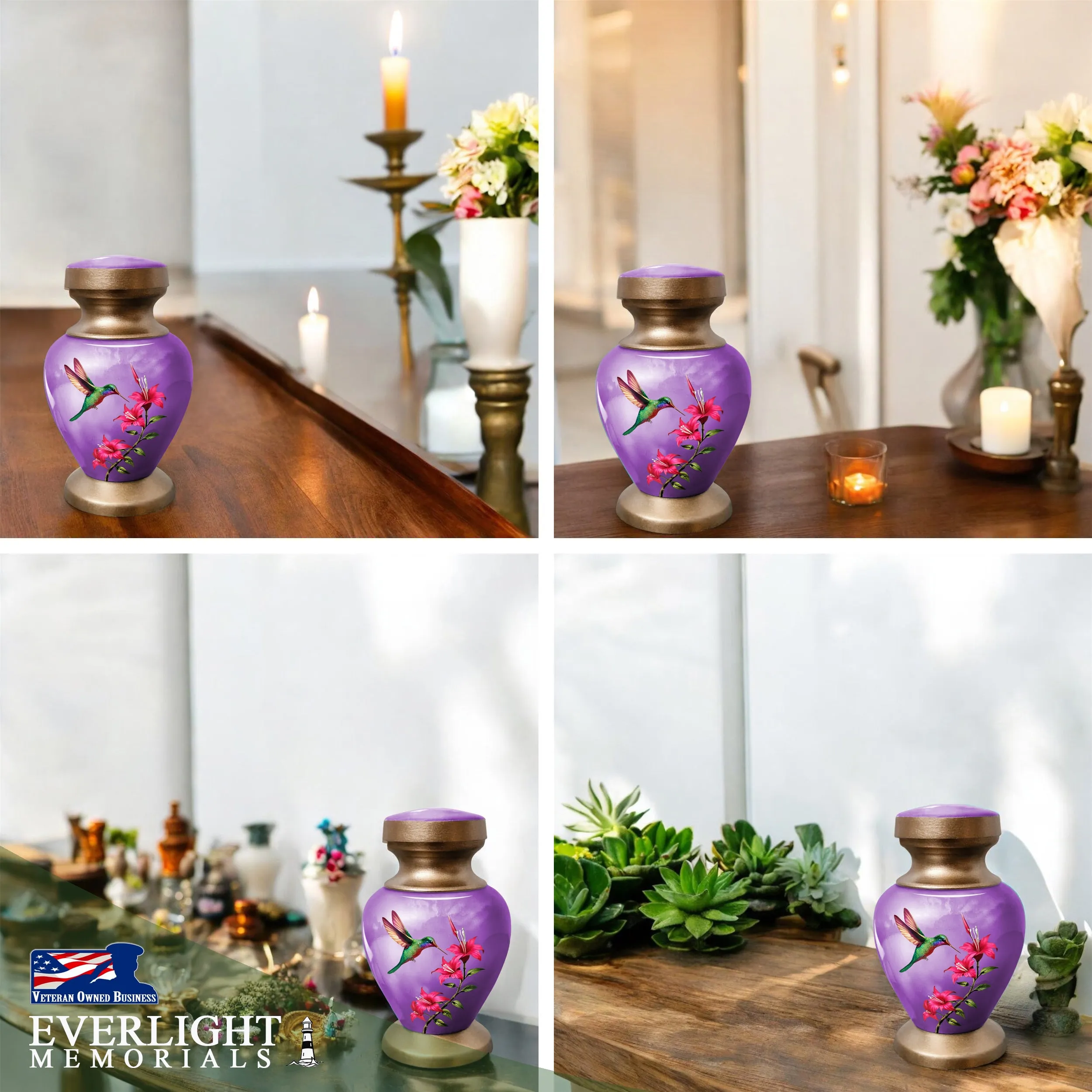 Small Keepsake Urn for Human Ashes - Purple Hummingbird