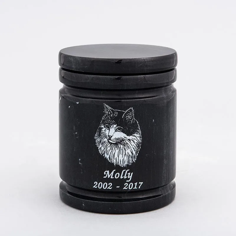 Small Round Natural Marble Pet Urn in Black
