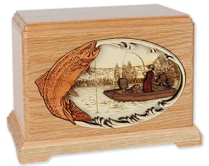 Trout Boat Fishing Cremation Urn with Inlay Wood Art