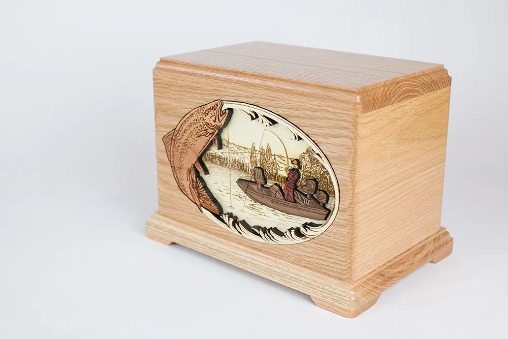 Trout Boat Fishing Cremation Urn with Inlay Wood Art