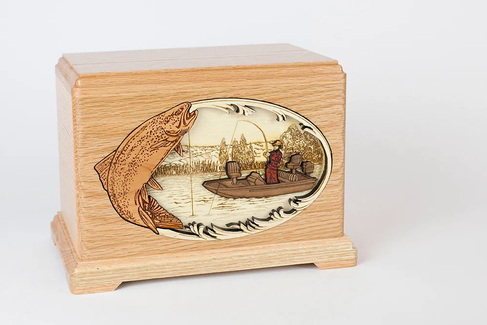 Trout Boat Fishing Cremation Urn with Inlay Wood Art